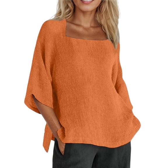Arlun Lightweight T-Shirts for Women Squaer Neck 3/4 Sleeve Solid Color Tops 2026 Summer and Spring Casual Loose Fit Beach Vacation Tees Soft Comfortable Beach Outfits Orange S