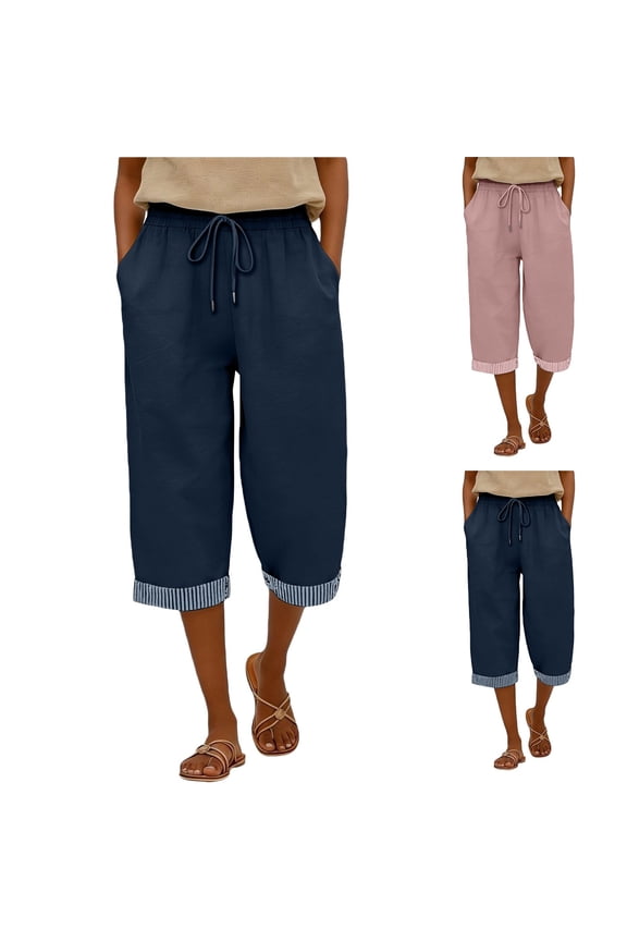 Linen Capri Pants for Women Summer Elastic High Waist Drawstring Straight Leg Capris Loose Comfortable Dressy Casual Beach Vacation Cropped Trousers with Side Pockets 1-Navy S