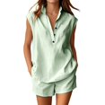 thumbnail image 1 of Arlun Linen Sets for Women 2 Piece Summer Outfits Sleeveless Button up V-Neck Tank Top and Wide Leg Shorts with Pockets Loose Fit Lightweight Breathable Vacation Matching Sets Light Green S, 1 of 5
