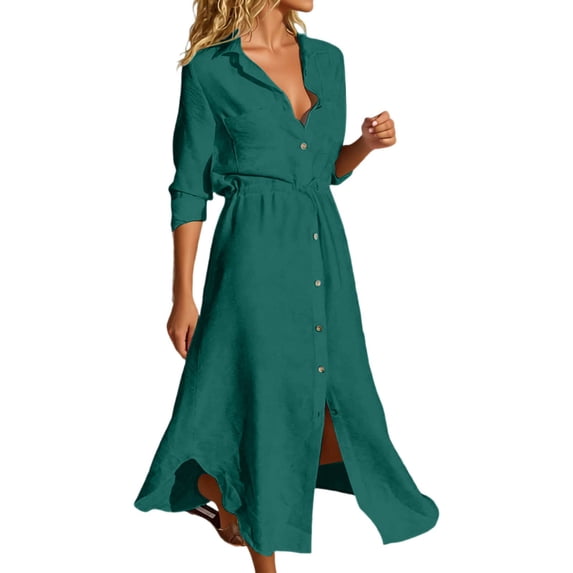 Arlun Linen Shirt Dresses for Women Button down Drawstring Elastic Waist Long Sleeve Causal Dress Plain Long Maxi Dresses 2026 Trendy Spring Outfits Green M