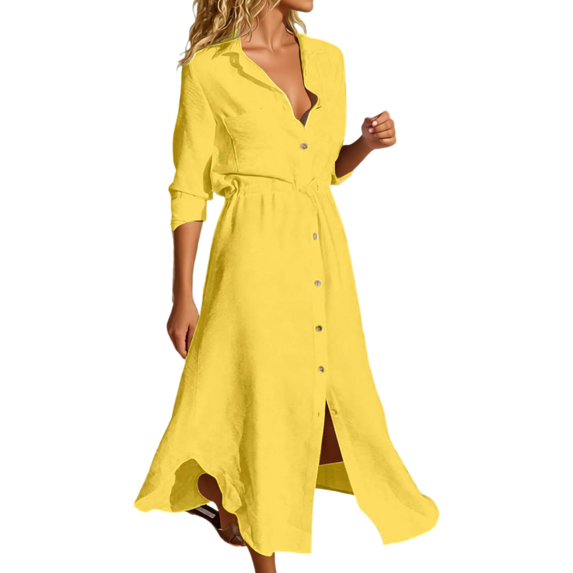 Arlun Linen Shirt Dresses for Women Button down Drawstring Elastic Waist Long Sleeve Causal Dress Plain Long Maxi Dresses 2026 Trendy Spring Outfits Yellow XL