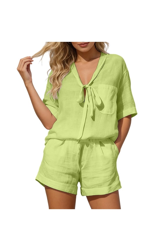 Linen Short Sets for Women 2 Piece V-Neck Short Sleeve and Wide Leg Shorts Breathable Loose Fit Outfits Solid Color Lightweight Summer Sets for Travel Beach Vacation Light Green M