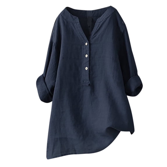 Arlun Linen Tops for Women Casual Button up Loose Fit Comfy Thin T Shirts Womens Overized V-Neck Long Sleeve Solid Color Basic Pullover Blouses Navy L