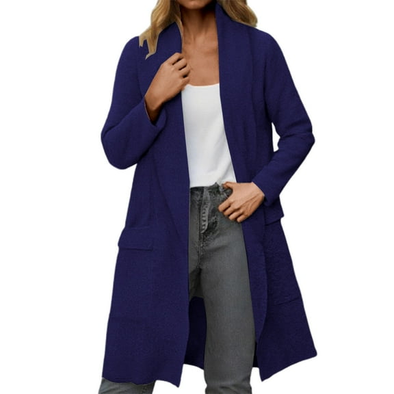 Arlun Long Cardigans for Women Casual Lightweight Solid Color Long Sleeve Open Front Knitted Cardigan Fashion Lapel Design Fall Winter Loose Soft Comfort Coat with Pocket Blue XS