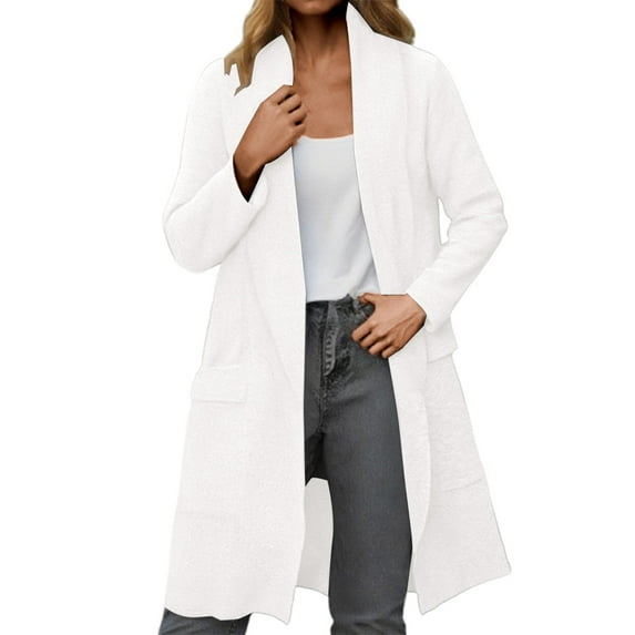 Arlun Long Cardigans for Women Casual Lightweight Solid Color Long Sleeve Open Front Knitted Cardigan Fashion Lapel Design Fall Winter Loose Soft Comfort Coat with Pocket White XS