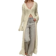 Arlun Long Crochet Cardigans Button up Knit Hollow out Elegant Duster Sweaters Cover up Deep V-Neck Slim Fit Split Hem Maxi Dress Lightweight Soft Cozy Fall Thin Coat Beige L