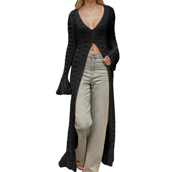 Arlun Long Crochet Cardigans Button up Knit Hollow out Elegant Duster Sweaters Cover up Deep V-Neck Slim Fit Split Hem Maxi Dress Lightweight Soft Cozy Fall Thin Coat Black S