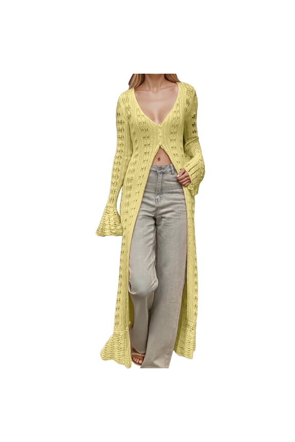 Long Crochet Cardigans Button up Knit Hollow out Elegant Duster Sweaters Cover up Deep V-Neck Slim Fit Split Hem Maxi Dress Lightweight Soft Cozy Fall Thin Coat Yellow S
