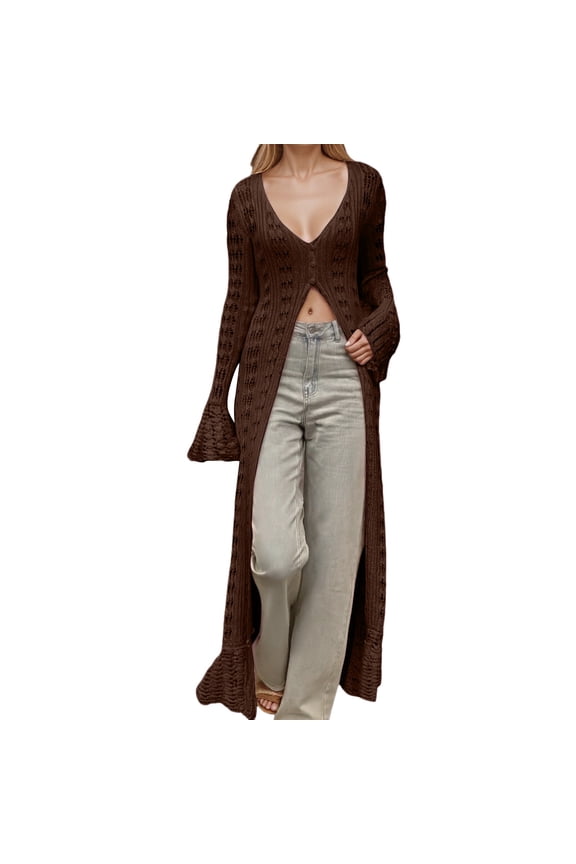 Long Crochet Cardigans Button up Knit Hollow out Elegant Duster Sweaters Cover up Deep V-Neck Slim Fit Split Hem Maxi Dress Lightweight Soft Cozy Fall Thin Coat Coffee L