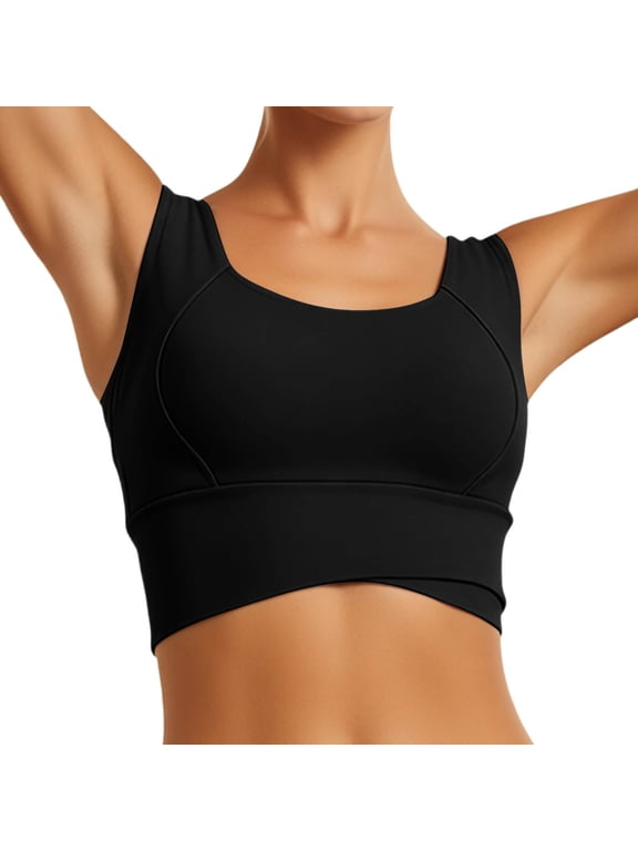 Long Line Athletic Bras for Women High Supportive Comfort Wide Shoulder Straps Workout Yoga Bras Square Neck Lightweight Breathable for Running Fitness Black XXL
