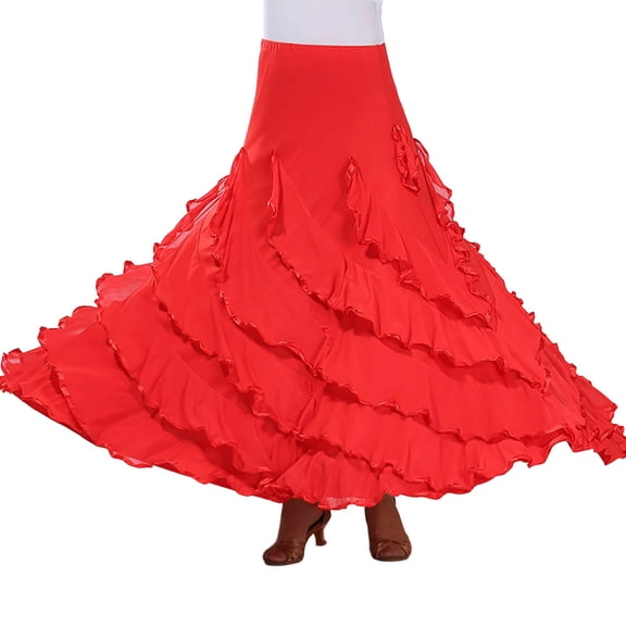 Arlun Long Modern Standard Ballroom Dance Fancy Training Skirts for Women High Waist Ruffle Layered Flared Swing Flowy Maxi Skirt Solid Color Summer Mesh Skirts for Performance Red One Size