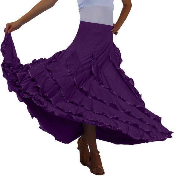 Arlun Long Modern Standard Ballroom Dance Fancy Training Skirts for Women High Waist Ruffle Layered Flared Swing Flowy Maxi Skirt Solid Color Summer Mesh Skirts for Performance Purple One Size