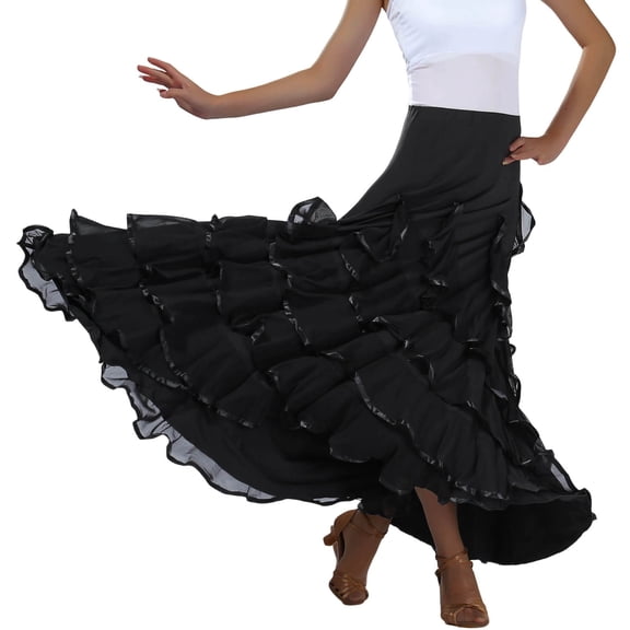 Arlun Long Modern Standard Ballroom Dance Fancy Training Skirts for Women High Waist Ruffle Layered Flared Swing Flowy Maxi Skirt Solid Color Summer Mesh Skirts for Performance Black One Size
