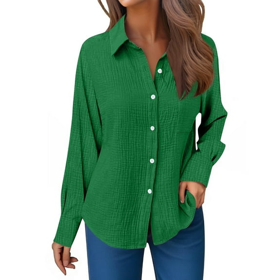 Arlun Long Sleeve Button down Gauze Shirts for Women Fall Winter Casual Lapel Solid Color Work Dress Shirt Ladies Solid Color Asymmetrical Hem Blouse Tops Green XL