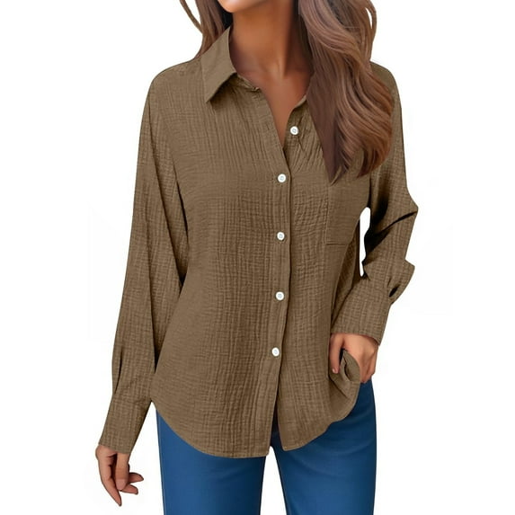 Arlun Long Sleeve Button down Gauze Shirts for Women Fall Winter Casual Lapel Solid Color Work Dress Shirt Ladies Solid Color Asymmetrical Hem Blouse Tops Khaki S