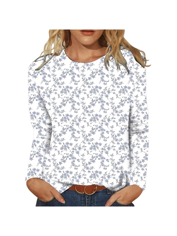 Long Sleeve Floral Print T Shirts for Women Fashion Casual Crew Neck Ladies Tops Relaxed Fit Comfy Tunic Tops Soft Lightweight Pullover Tee for Early Spring Wear Light Blue M