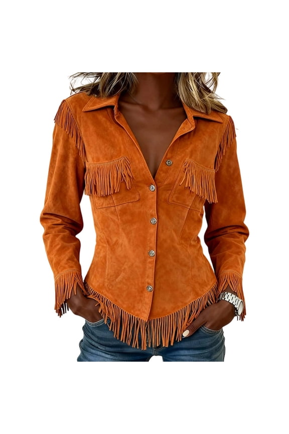 Long Sleeve Fringe Shirts Jacket for Women Vintage Cowgirl Style Tassel Button down Lapel Collar Blouses Slim Fitted Soft Comfy Carnival Tops 2026 Orange S