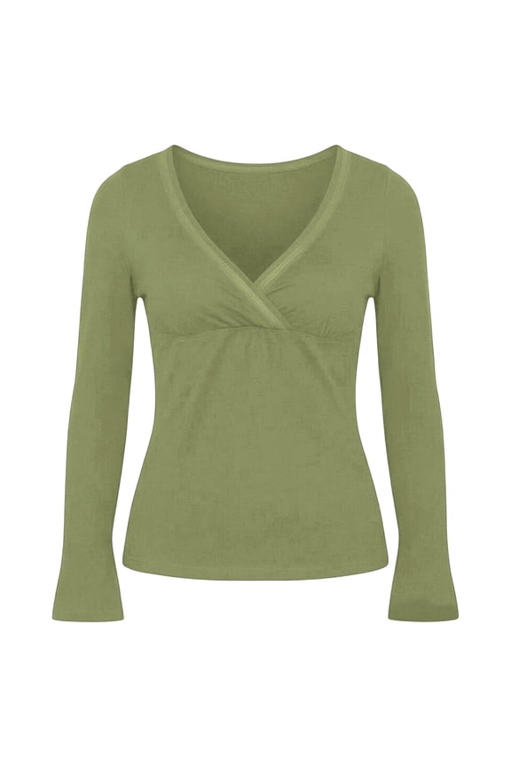 Long Sleeve Wrap V-Neck T Shirts for Women Slim Fitted Stretch Solid Color Tee Summer Fall Lightweight Comfort Casual Basic Going out Tops Versatile for Daily Wear 1-Green M