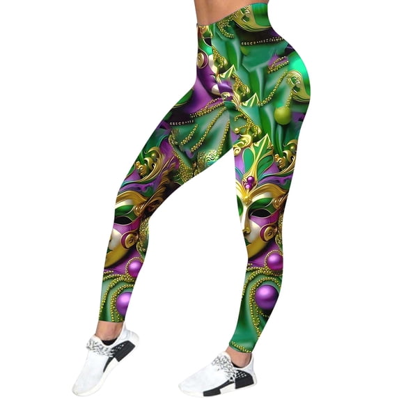 Arlun Mardi Gras Shiny Print Leggings for Women High Waist Tummy Control Yoga Pants New Carnival Patterned Tights Lifting Slim Fitting Sports Fitness Casual Pants 10-Green XL