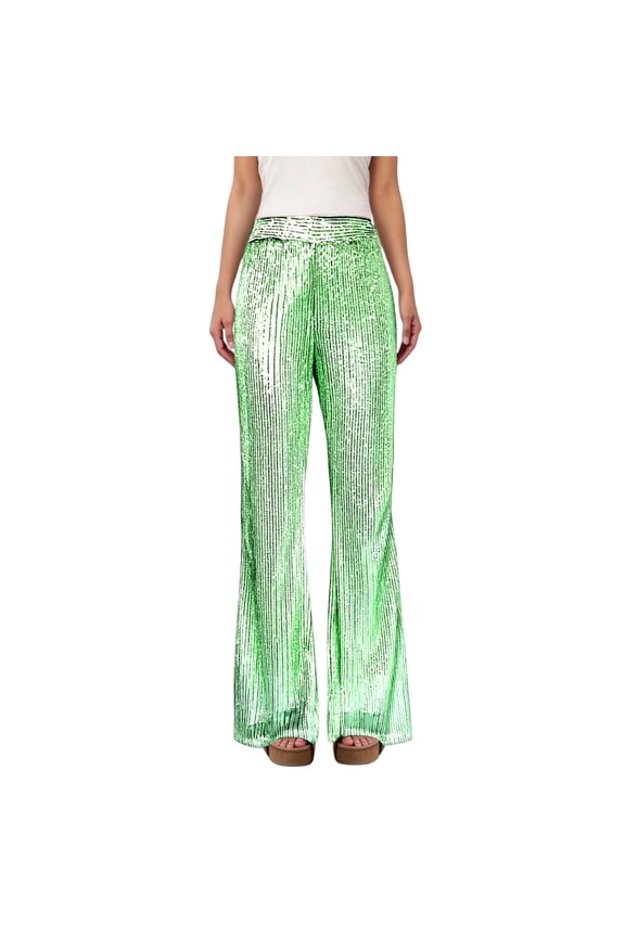 Mardi Gras Shiny Sequins Pants for Women Lightweight Mesh Soft Comfortable Trousers High Waist Wide Leg Loose Carnival Party Flared Pants 2026 Festival Bottoms Green M