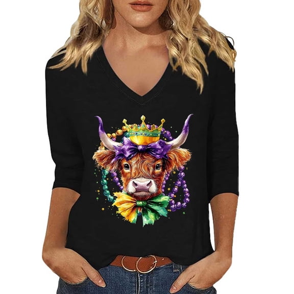 Arlun Mardi Gras V-Neck 3/4 Sleeve Tshirts for Women Highland Cow Mask Graphic Printed Plus Size Tees Casual Lightweight Soft Comfortable and Fashionable Carnival Party Tops 2-Black M