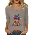 thumbnail image 1 of Arlun Mardi Gras V-Neck 3/4 Sleeve Tshirts for Women Highland Cow Mask Graphic Printed Plus Size Tees Casual Lightweight Soft Comfortable and Fashionable Carnival Party Tops 1-Khaki S, 1 of 4