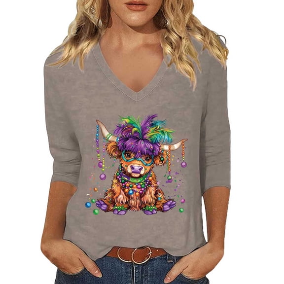 Arlun Mardi Gras V-Neck 3/4 Sleeve Tshirts for Women Highland Cow Mask Graphic Printed Plus Size Tees Casual Lightweight Soft Comfortable and Fashionable Carnival Party Tops 1-Khaki XXL