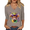 thumbnail image 1 of Arlun Mardi Gras V-Neck 3/4 Sleeve Tshirts for Women Highland Cow Mask Graphic Printed Plus Size Tees Casual Lightweight Soft Comfortable and Fashionable Carnival Party Tops 2-Khaki S, 1 of 4