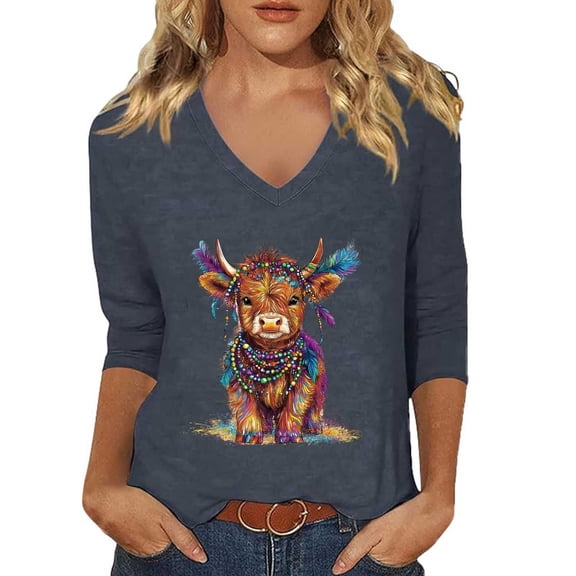 Arlun Mardi Gras V-Neck 3/4 Sleeve Tshirts for Women Highland Cow Mask Graphic Printed Plus Size Tees Casual Lightweight Soft Comfortable and Fashionable Carnival Party Tops 3-Navy M