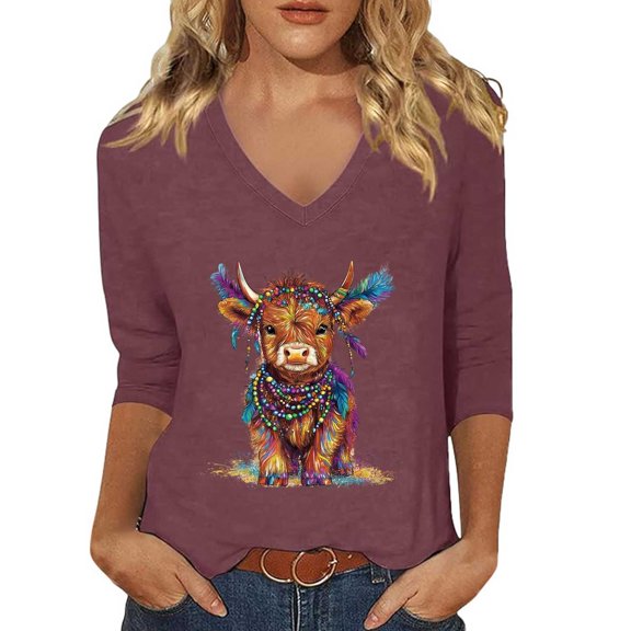 Arlun Mardi Gras V-Neck 3/4 Sleeve Tshirts for Women Highland Cow Mask Graphic Printed Plus Size Tees Casual Lightweight Soft Comfortable and Fashionable Carnival Party Tops 3- XXXL