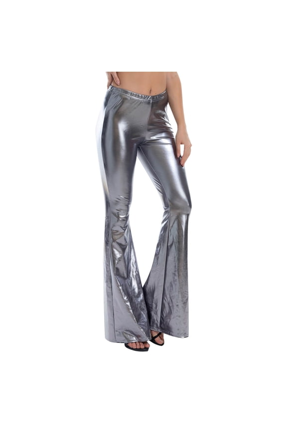 Mardi Gras Women's Shiny Metallic Bootcut Pants Vintage 70s Cowgirl Yoga Bell Bottom Pants Smooth Lightweight Comfy Stretchy Disco Dance Flare Club Wear Grey L