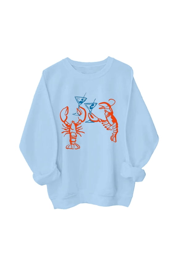 Martini Lobster Sweatshirt for Women Vintage Red Lobster Cheers Funny Graphic Long Sleeve Tops Loose Fit Soft Comfortable Casual Workout Crewneck Pullovers Light Blue M