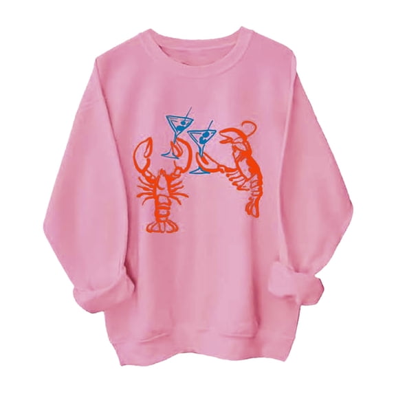 Arlun Martini Lobster Sweatshirt for Women Vintage Red Lobster Cheers Funny Graphic Long Sleeve Tops Loose Fit Soft Comfortable Casual Workout Crewneck Pullovers Pink S