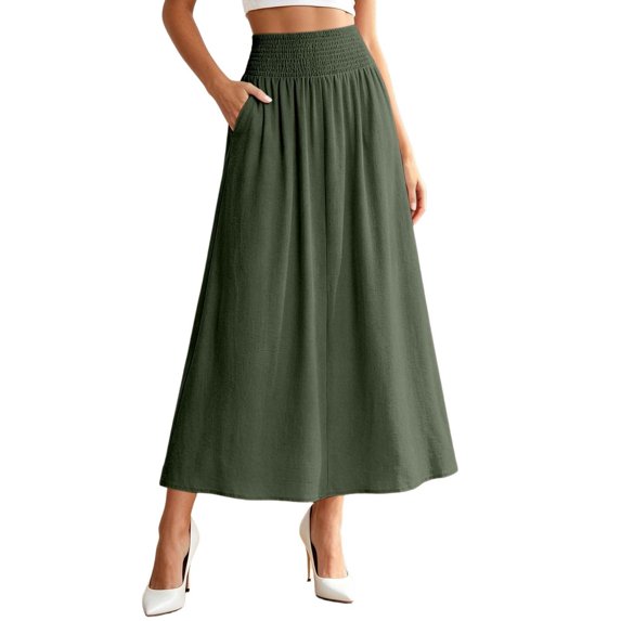 Arlun Maxi Skirt for Women Solid Color Elastic Smocked High Waisted Flowy 2026 Summer Boho Long Skirts Loose Fit Comfy Breathable Beach Cover up Vacation Bottoms 2-Green XXL