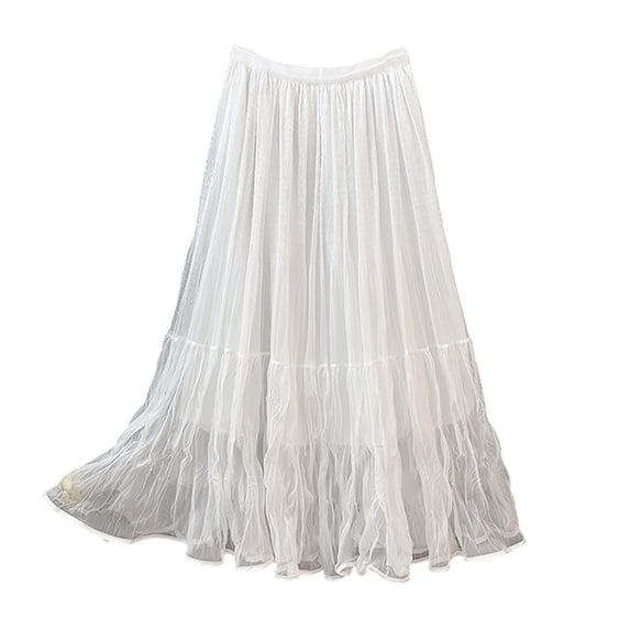 Arlun Maxi Skirts for Women Elastic High Waisted A Line Long Layered Tutu Mesh Ruffles Tiered Flowy Elegant Skirt for Spring and Summer White One Size