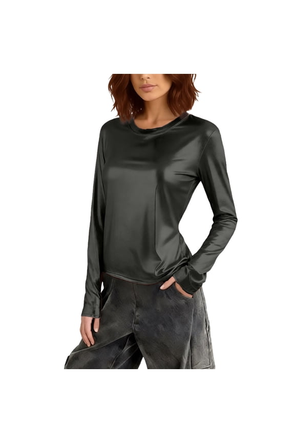 Metallic T-Shirts for Women Long Sleeve Shimmer Disco Party Tops Slim Fit Going out Club Sparkly Blouses Carnival Party Outfit Black M