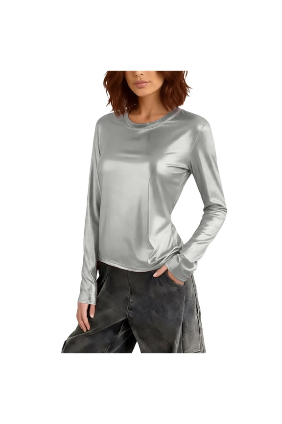 Metallic T-Shirts for Women Long Sleeve Shimmer Disco Party Tops Slim Fit Going out Club Sparkly Blouses Carnival Party Outfit Silver XXL