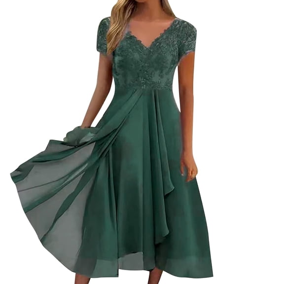 Arlun Mother of the Bride Dresses for Women Elegant Lace V-Neck Short Sleeve Flowy Prom Dress Summer Solid Color High Waisted Irregular Ruffle Hem Party Dresses Green M