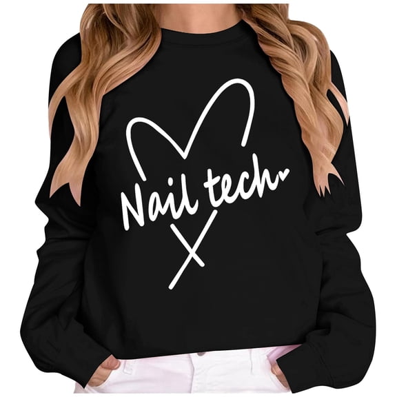 Arlun Nail Tech Sweatshirts For Women Crewneck Long Sleeve Heart And Letter Printed Pullover Tops Casual Loose Fit Lightweight Comfy Hoodless Sweatshirts Black XL
