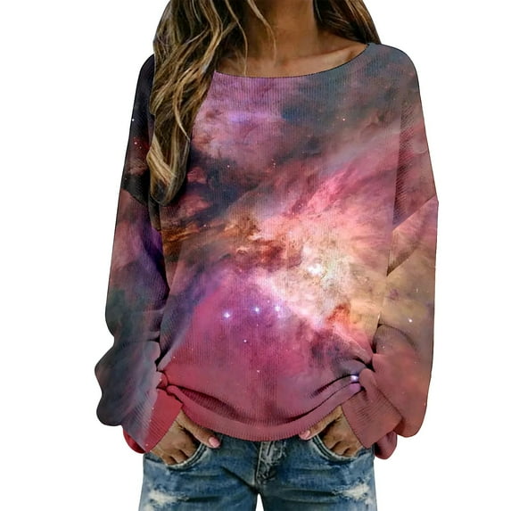 Arlun Nebula Galaxy Print Ribbing Tops for Women Crew Neck Oversized Long Sleeve Pullover Shirt Soft Comfortable Casual Trendy Blouses 2026 Carnival Party Fashion Outfits 6- M