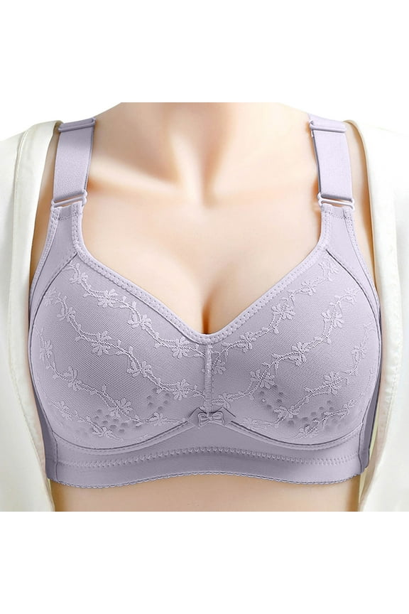 ,No Underwire Jacquard Bras for Old Women Mesh Breathable Push up Full Coverage Wire-Free Everyday Bra Plus Size Thin Cup Wide Straps Comfy Wire-Free Bralettes Grey 46