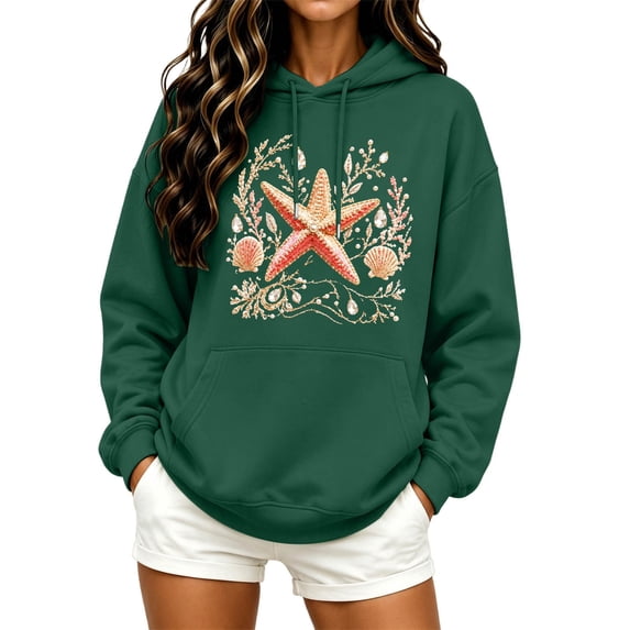 Arlun Ocean Creatures Graphic Hoodies for Womens Y2k Cute Animal Print Drawstring Hooded Sweatshirts for Girls Fashion Cozy Drop Shoulder Long Sleeve Pullovers Dark Green XXXL