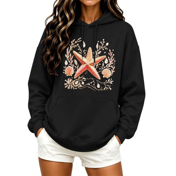 Arlun Ocean Creatures Graphic Hoodies for Womens Y2k Cute Animal Print Drawstring Hooded Sweatshirts for Girls Fashion Cozy Drop Shoulder Long Sleeve Pullovers Black XXXL
