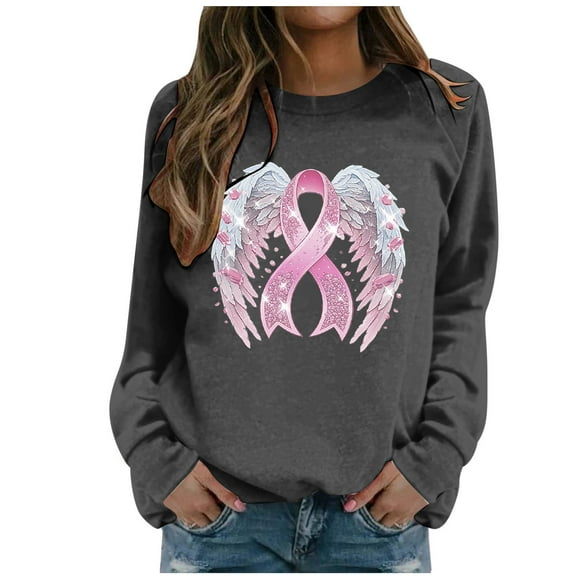 Arlun In October We Wear Pink Sweatshirts for Women Angel Wings Graphic Printed Crewneck Long Sleeve Thin Sweatshirt Cancer Awareness Fall Winter Pullover Tops Dark Gray2 M