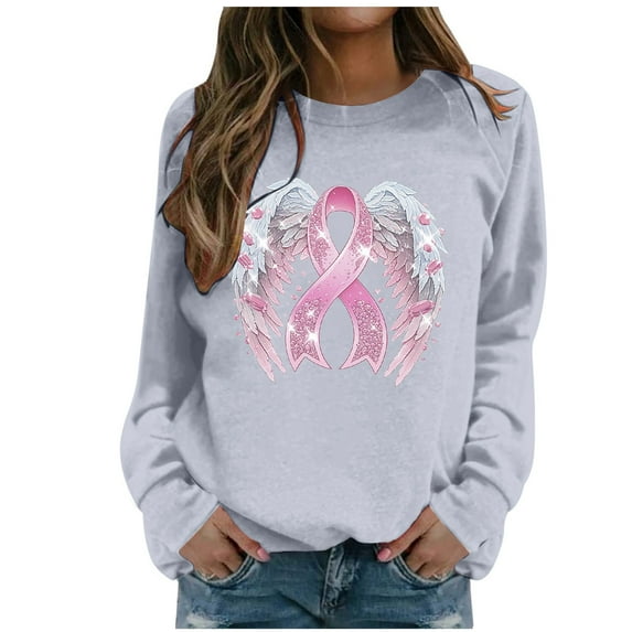 Arlun In October We Wear Pink Sweatshirts for Women Angel Wings Graphic Printed Crewneck Long Sleeve Thin Sweatshirt Cancer Awareness Fall Winter Pullover Tops Grey2 XL