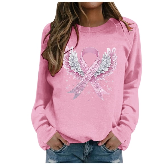 Arlun In October We Wear Pink Sweatshirts for Women Angel Wings Graphic Printed Crewneck Long Sleeve Thin Sweatshirt Cancer Awareness Fall Winter Pullover Tops Pink M
