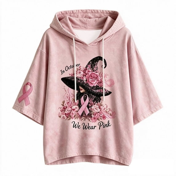 Arlun In October We Wear Pink Witch Hoodies Women's Cancer Awareness Month Ribbon Graphic 3/4 Sleeve Hooded Sweatshirts Casual Loose Comfort Drop Shoulder Pullovers