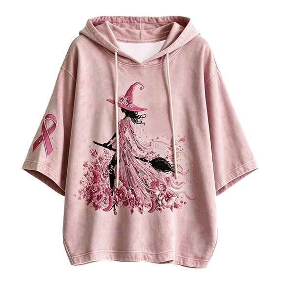 Arlun In October We Wear Pink Witch Hoodies Women's Cancer Awareness Month Ribbon Graphic 3/4 Sleeve Hooded Sweatshirts Casual Loose Comfort Drop Shoulder Pullovers