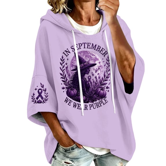 Arlun In October We Wear Purple Witch Hoodies Women's Cancer Awareness Month Ribbon Graphic 3/4 Sleeve Hooded Sweatshirts Casual Loose Comfort Drop Shoulder Pullovers