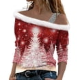 thumbnail image 1 of Arlun Off Shoulder Christmas T Shirts for Women Faux Fur Trim Long Sleeve Xmas Holiday Pullover Tops Plus Size Cute Xmas Tree Printed Blouses Red L, 1 of 5
